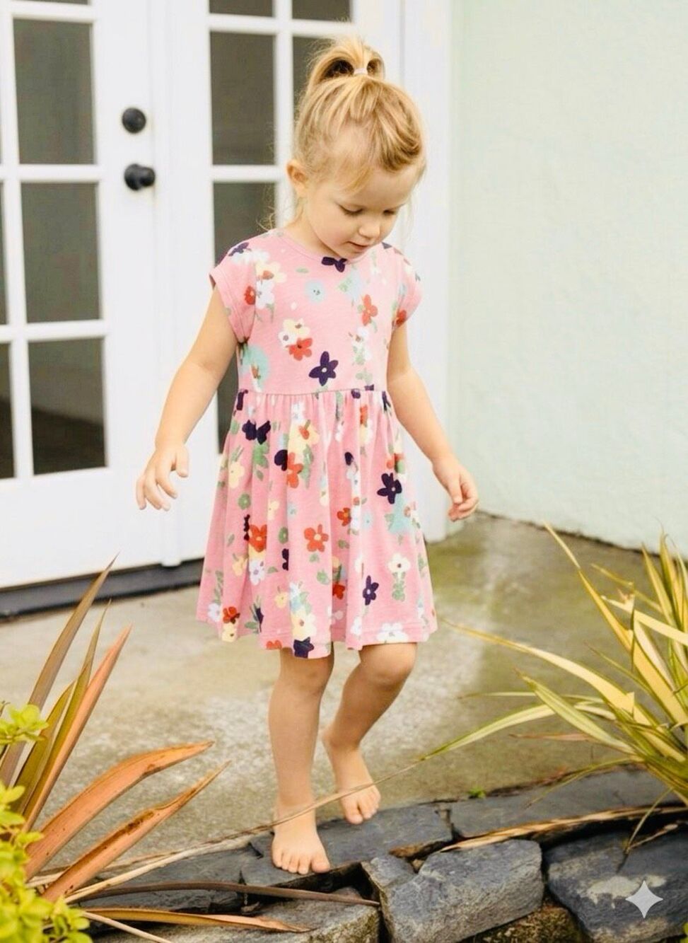 Hanna Andersson Girls 7/8 (130) Pink Peach Floral Everyday Knit Pocket Dress